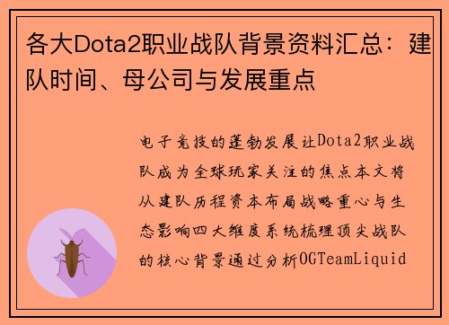 各大Dota2职业战队背景资料汇总：建队时间、母公司与发展重点