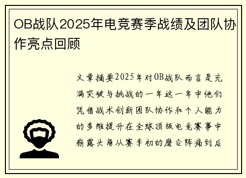 OB战队2025年电竞赛季战绩及团队协作亮点回顾